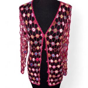 VTG 90s Pink Colorful Fishnet Mesh Beaded Crochet Cardigan Sweater Womens S